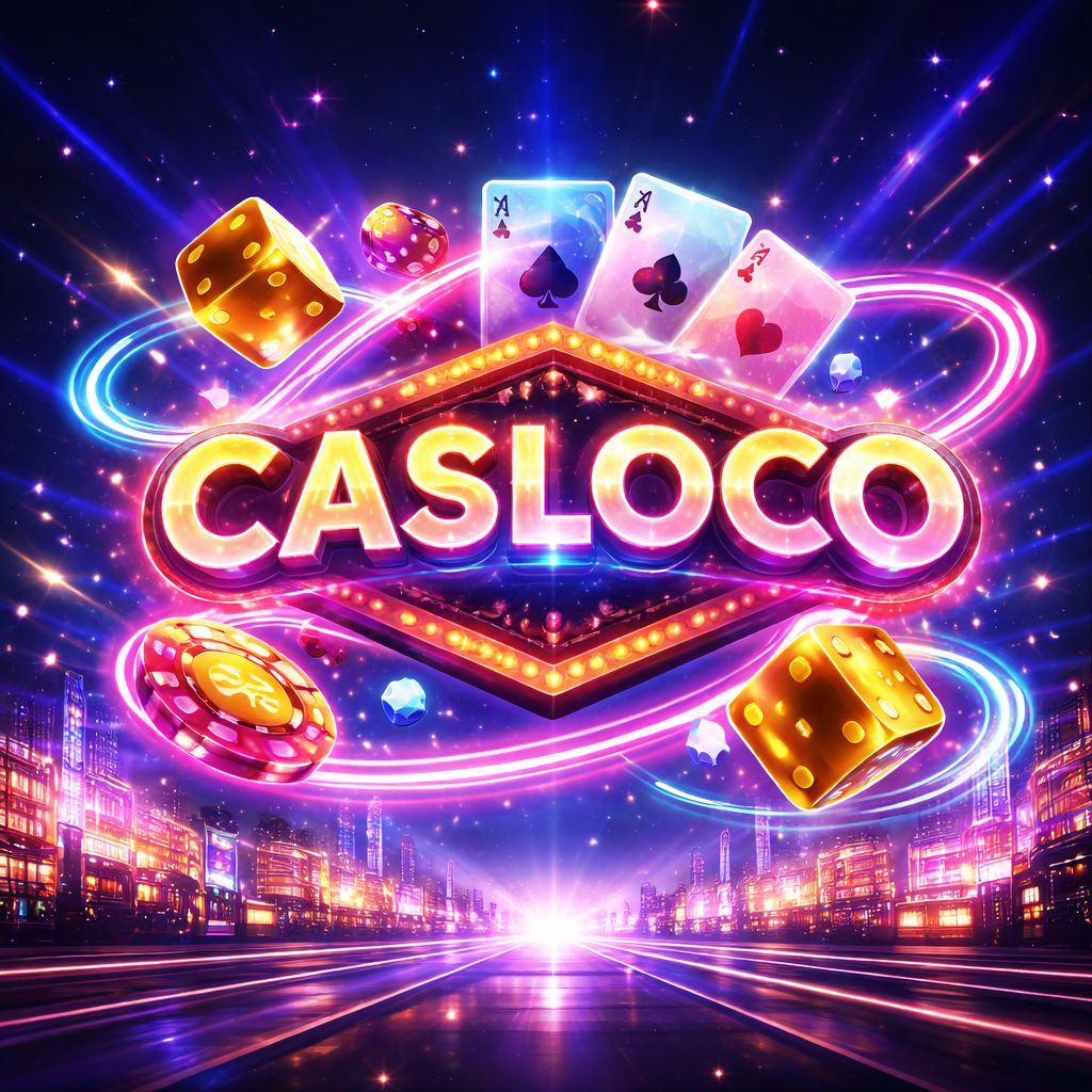 Letrero de neón CASLOCO brillante rodeado de fichas de casino flotantes, dados dorados y símbolos coloridos de tragamonedas contra un fondo azul eléctrico oscuro.