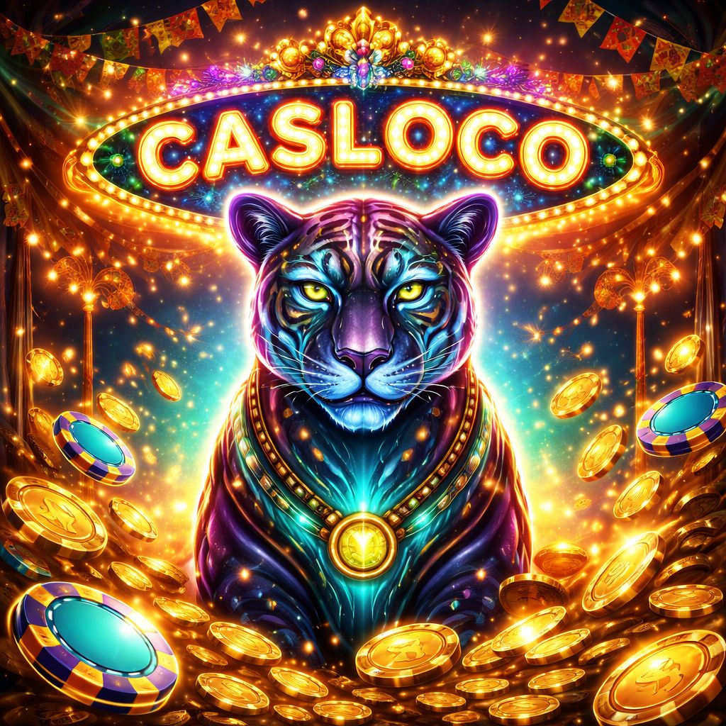 Una colorida mascota jaguar que representa el casino CASLOCO sosteniendo monedas de oro con luces de casino neón de fondo.