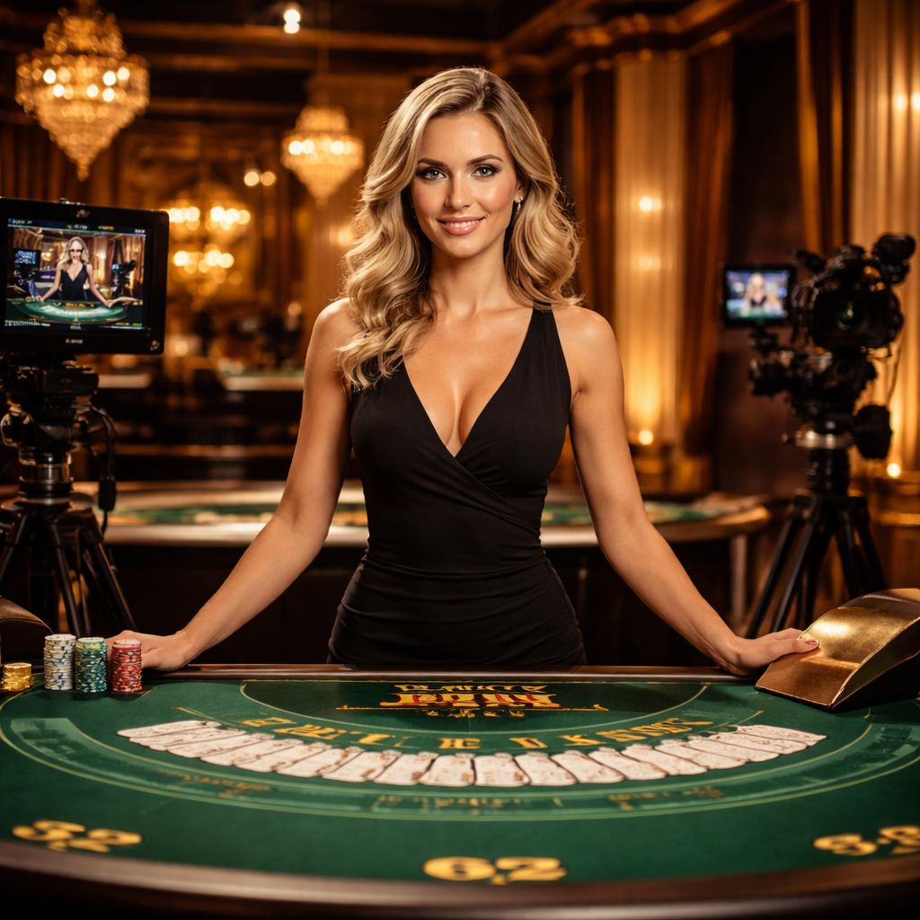 Una crupier profesional en vivo en CASLOCO repartiendo cartas en una mesa de blackjack bellamente iluminada.