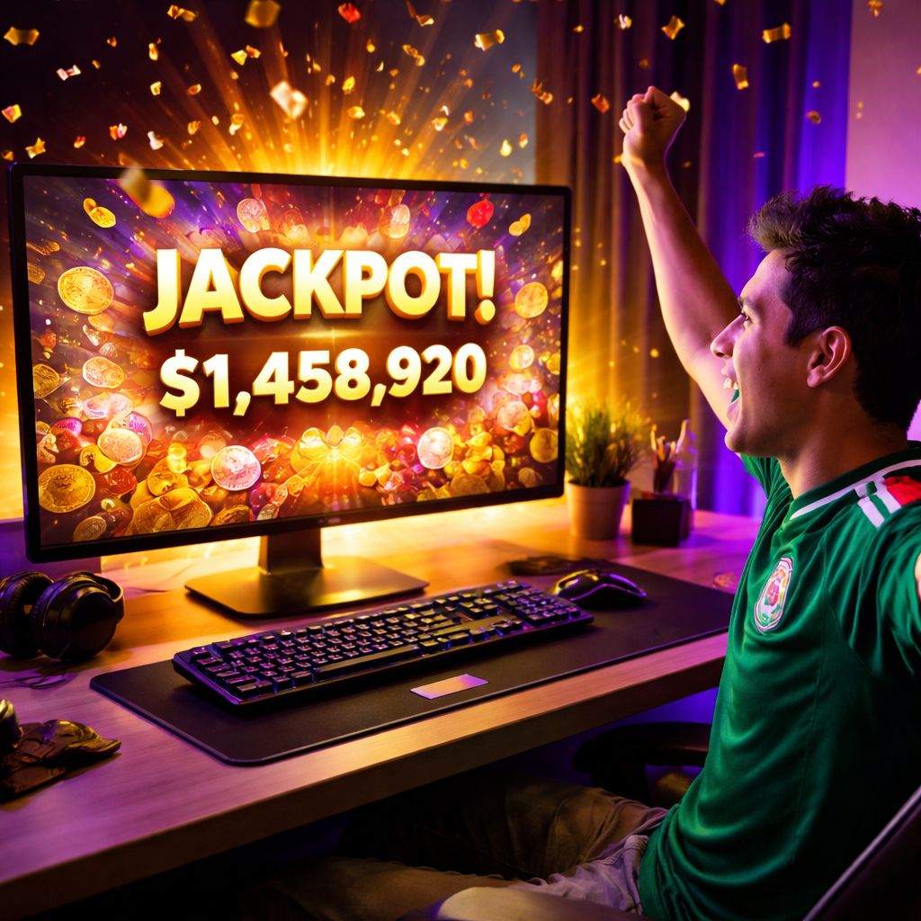 Un jugador en México celebrando una victoria de jackpot en una interfaz colorida de tragamonedas en CASLOCO.