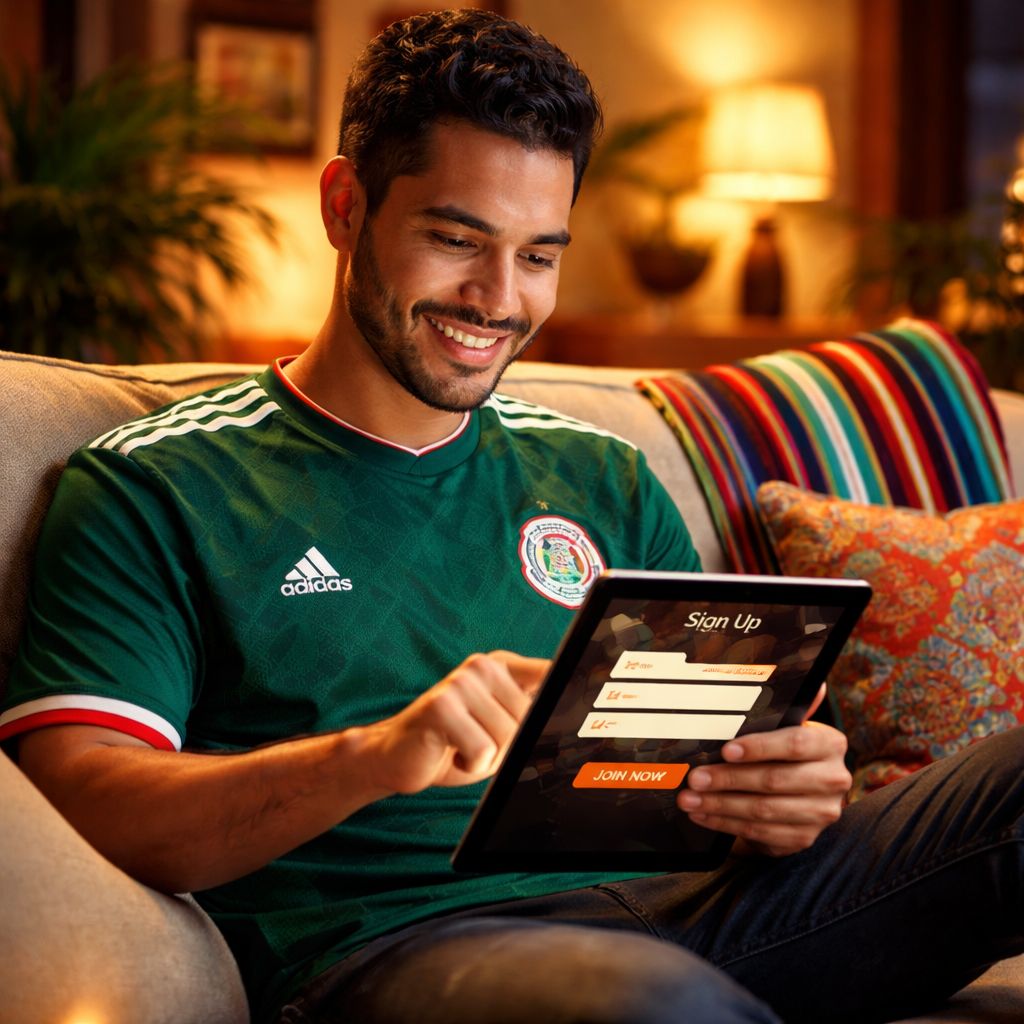 Un jugador mexicano sentado cómodamente en casa registrándose en la plataforma CASLOCO usando una tableta.